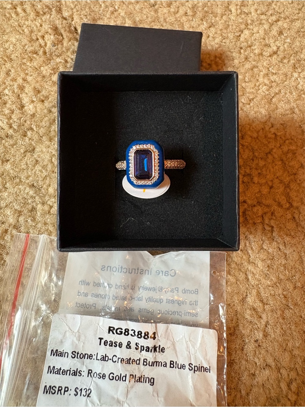 Tease & Sparkle Blue Spinel Halo Ring in Rose Gold Plating size 7